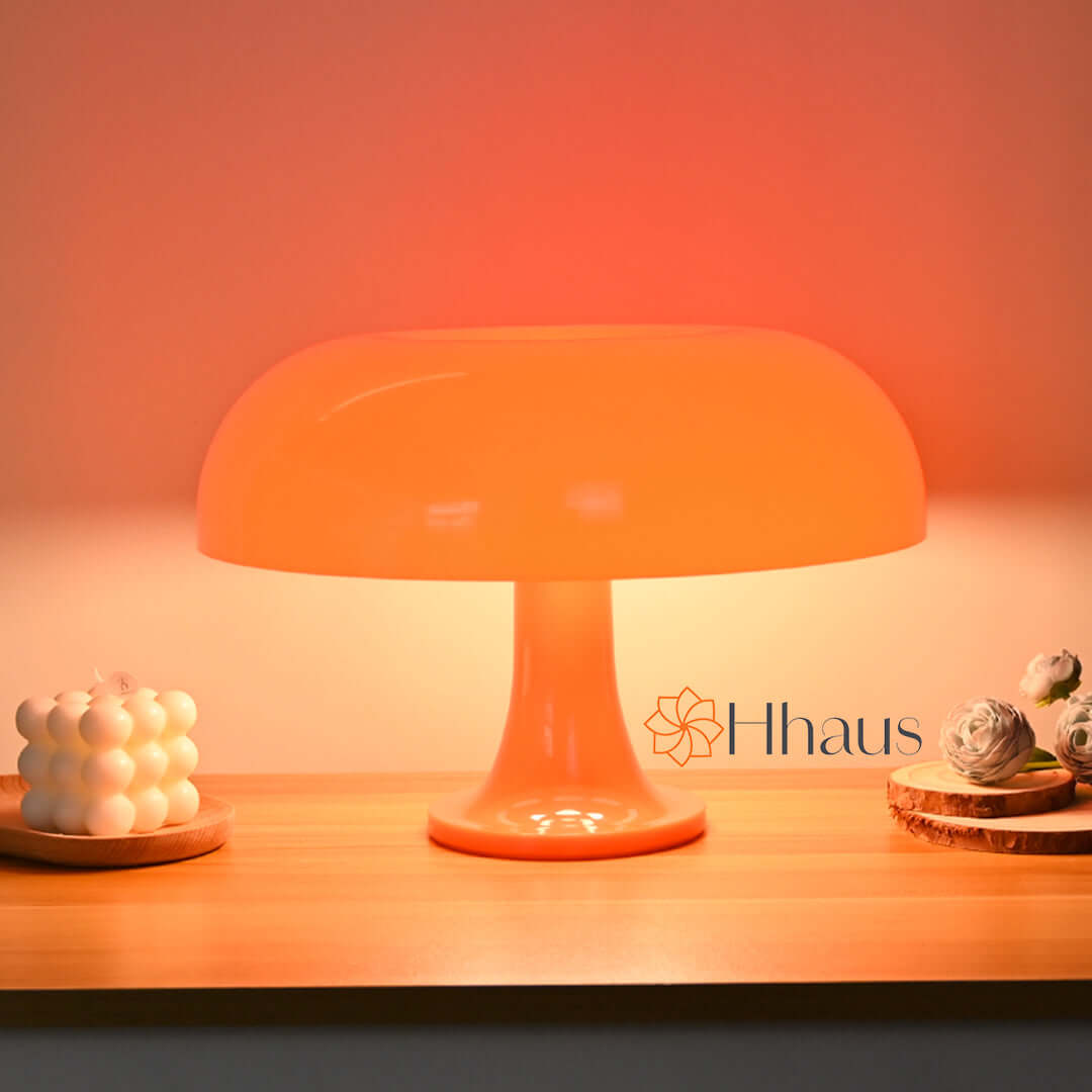Orange coloured mushroom lamp on hallway table