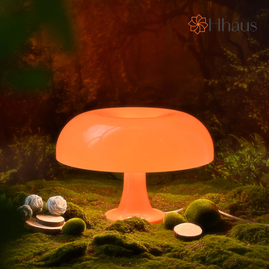 Orange coloured mushroom lamp shown in forest
